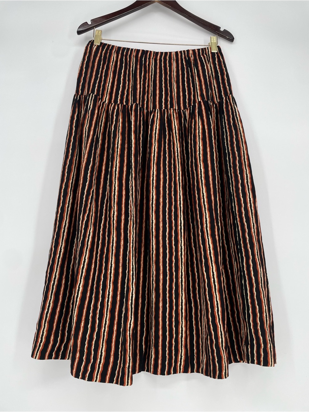 80s 90s VTG Bohemian Black Brown & White Striped Tiered Midi Skirt Elastic Waist